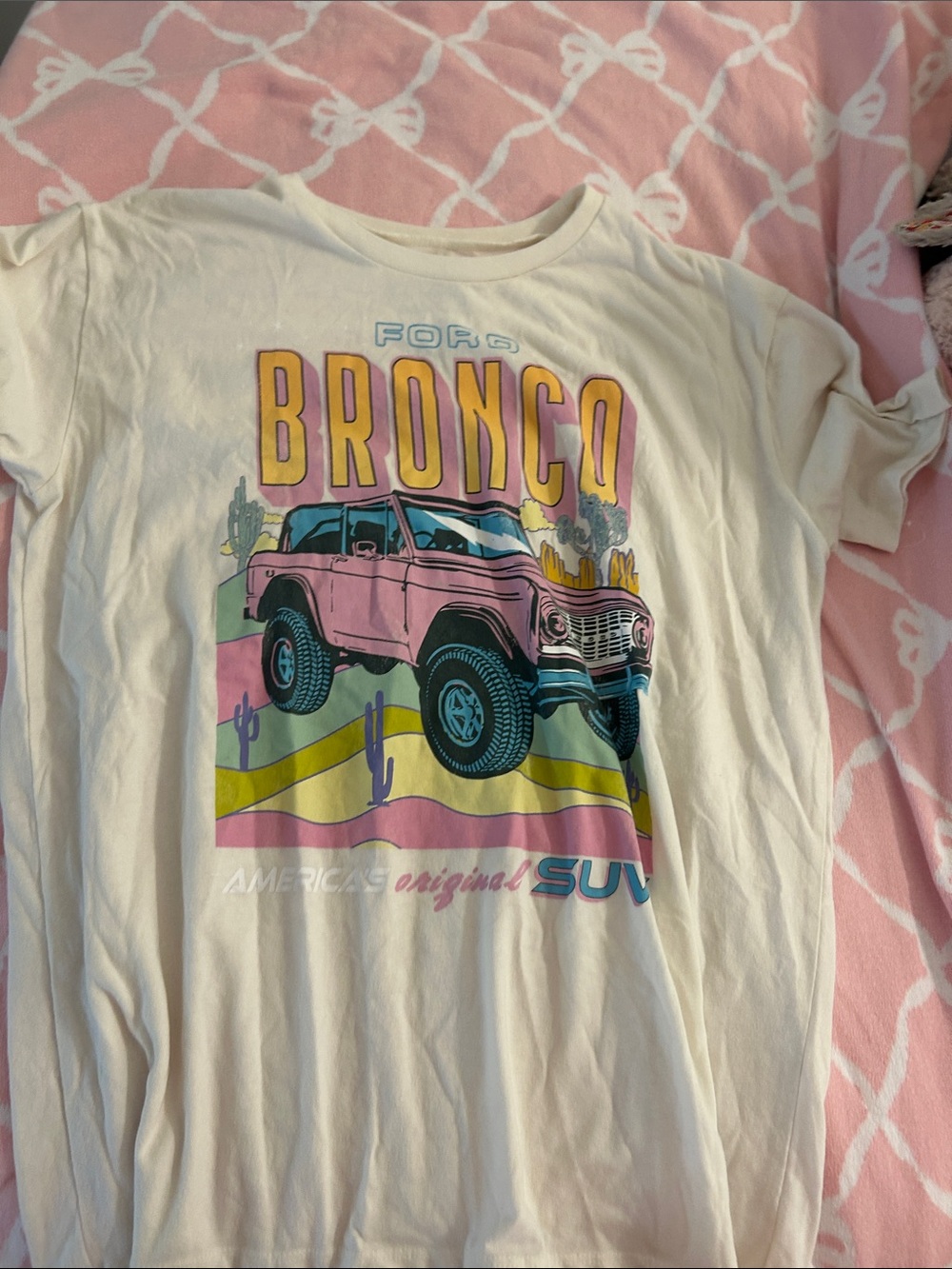 Ford Bronco Tee in Cream with Pink & Blue Graphic